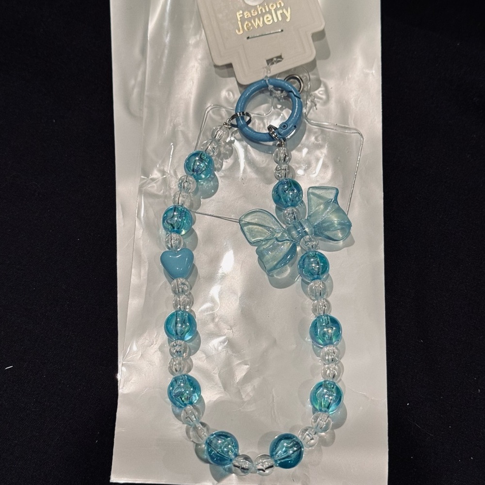 BAG CHARM Blue Beaded Phone Charm Bow & Heart Aesthetic Lanyard - Picture 2 of 8